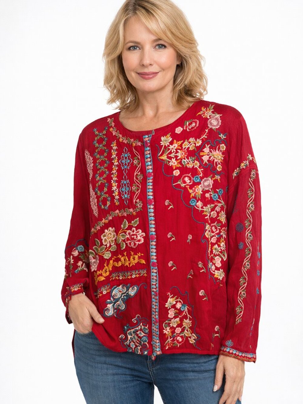 JOHNNY WAS Turquoise Embroidered Floral Button Down Long Sleeve Blouse Women's L